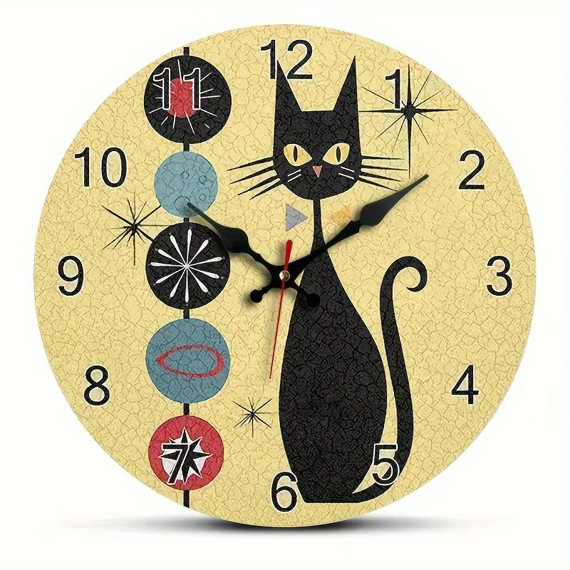 1pc, Modern Cool Cat Wall Clock in a Medieval Style, Silent Quartz Round Wooden Clock, Suitable for Decorating Bedrooms, Living Rooms, Offices, Kitchens, And Bathrooms, Battery-Operated (Batteries Not Included)