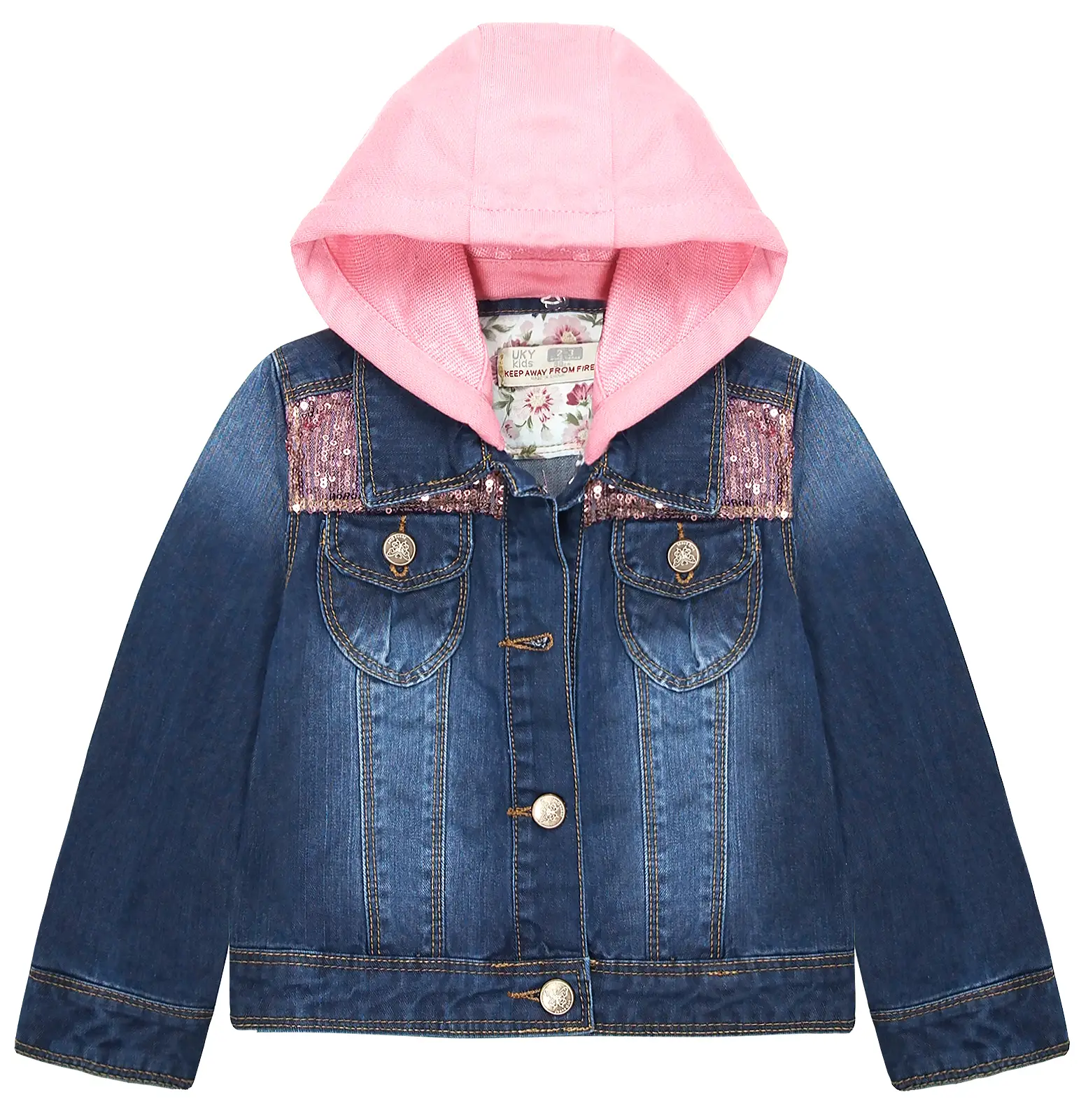 Girl Pink Hood Flower Embroidered Denim Jacket