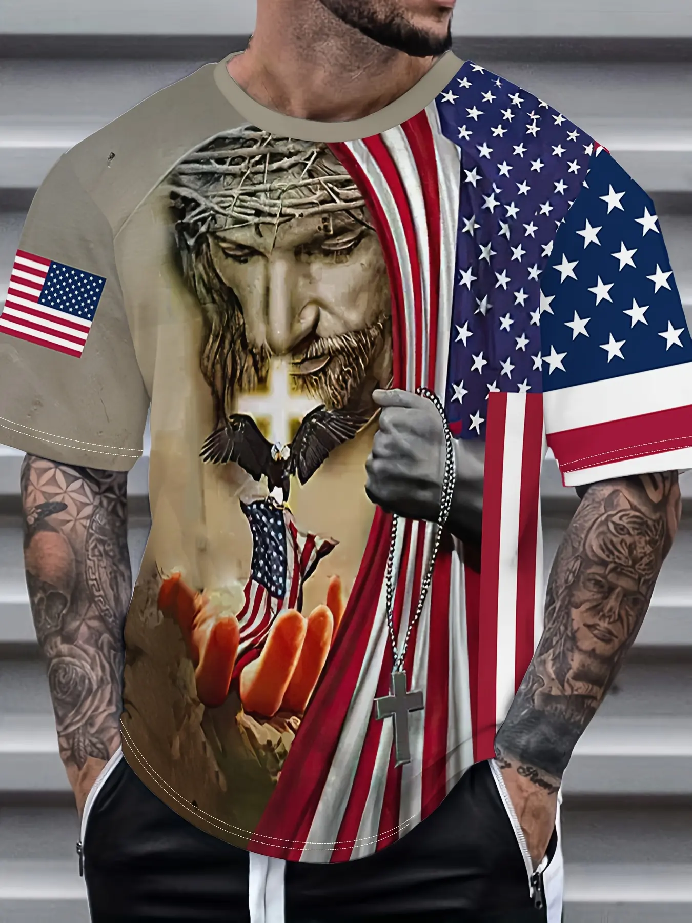 2026 Men's Christian American Flag T-Shirt Fitted, 3D Print Jesus Cross and Eagle, Long Sleeve, Casual Streetwear Galaxy Ethnic Pattern, Gift for Pastor Boyfriend Top