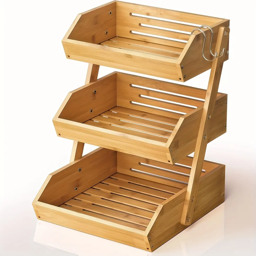 3/2-Tier Rectangle Wooden Fruit Basket Stand Rack - Large Capacity Kitchen Organizer with Open Slat Design, Easy Assembly, Natural Wood Finish, Multi-Level Countertop Storage for Food, Vegetables, Bread, Fruit Storage, Mounting Screws, Detachable Hooks, H