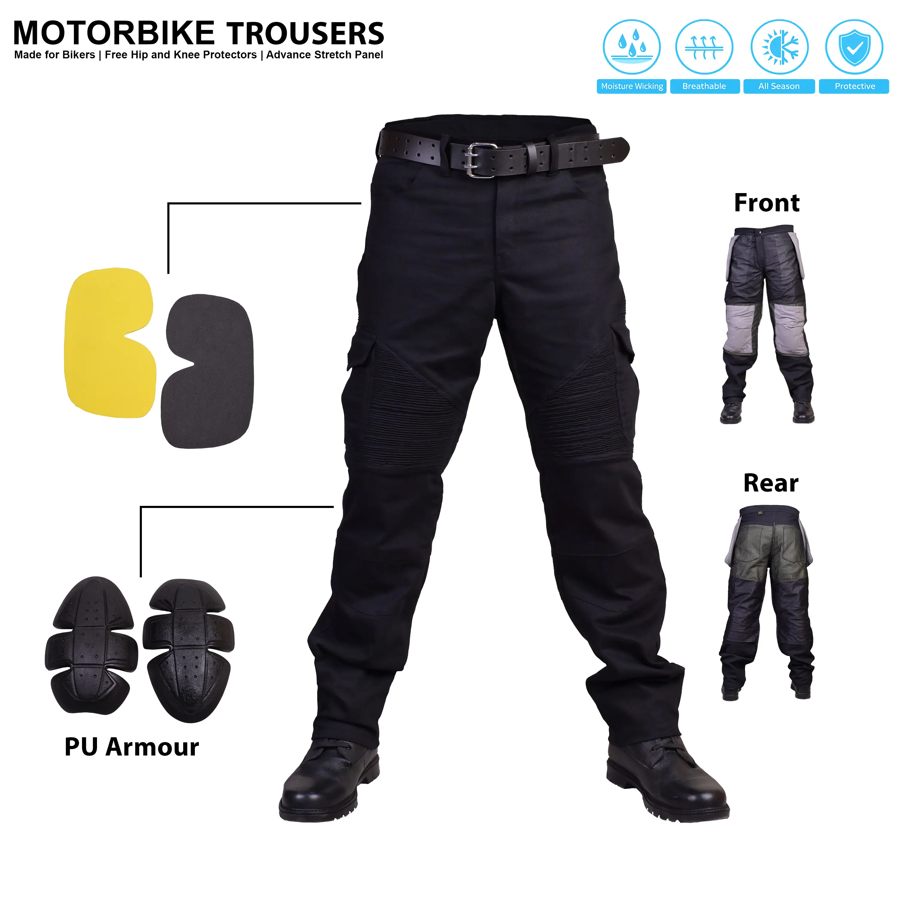 Men's Motorbike Pants Motorcycle Cargo Pants For Men with Kevlar Lining CE Approved Armour Knee Hip Protectors Biker Riding Jeans Waterproof Windproof Reinforced Protective Racing Pants All Season Black
