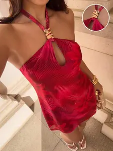 IYUNA Red Mesh Floral Print Metal Buckle Decor Halter Backless A-Line Mini Dress For Women Spring Summer
