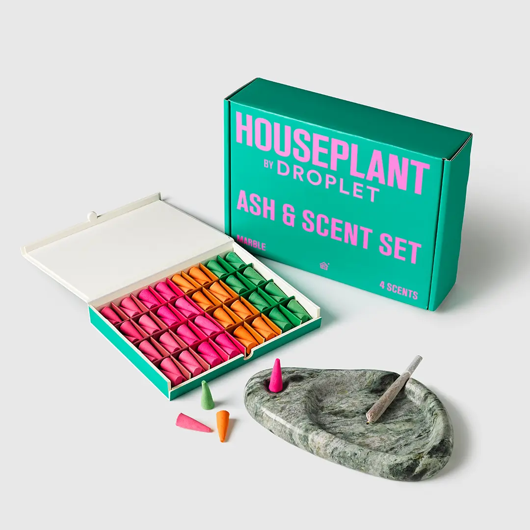 Seth Rogen Ash & Scent Set. Houseplant by Droplet Hand-Sculpted Marble Incense Burner + 64 Hand Rolled Incense Cones in 4 Signature Scents, Vegan Luxury Home Fragrance Gift Set.
