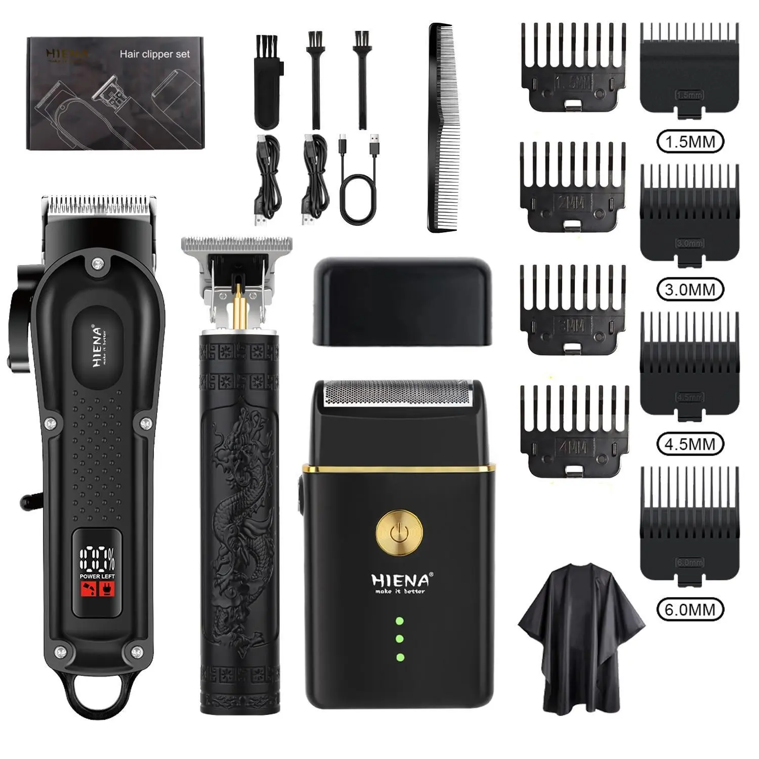 Three-piece men's electric hair clipper with shaver, Rechargeable Cordless hair clipper, Hair Clippers Kit, USB charging, with LED display, including accessories, for home haircuts and salons, men's gift, Hair Cutting Kit