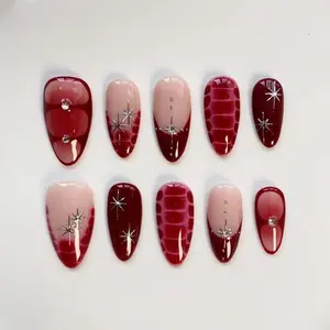 Burgundy Nails/Blooming Press on nails long almond nails/birthday nails/Fall Nails/holiday nails/Red Nails/Star Nails/Silver Chrome Nails