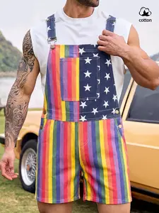 Independence Day rainbow-colored denim overalls, star-striped national flag denim overalls shorts, adjustable shoulder strap design button-fastening shorts, loose straight-cut denim jumpsuit, suitable for Independence Day parties, outdoor camping, and var
