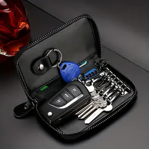 Genuine Leather Car Key Case - Smart Key Fob Holder With Metal Hook And Keyring Zipper Bag
