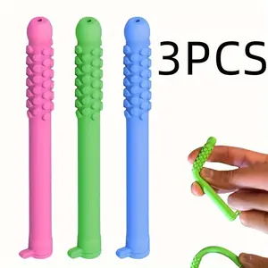 3pcs Medicinal Chewable Breathing Sticks - Smoking Cessation Aid, Stress & Anxiety Relief - Non-Toxic Silicone Chew Sticks with Grip Texture - Pink, Green, Blue Colors - for Nicotine Replacement Relax, Adults & Teens - Tongue Scraper Oral Care  Cleansing