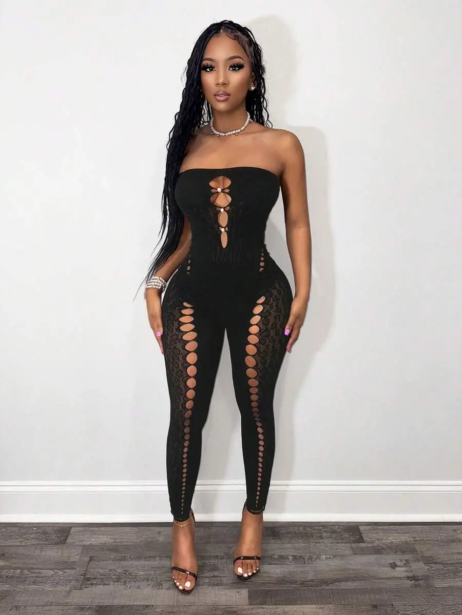 Slayvie Women's Sexy Hollow Out Mesh Sheer Bandeau Jumpsuit Bodycon Jumpsuit Sexy Outfits For Women