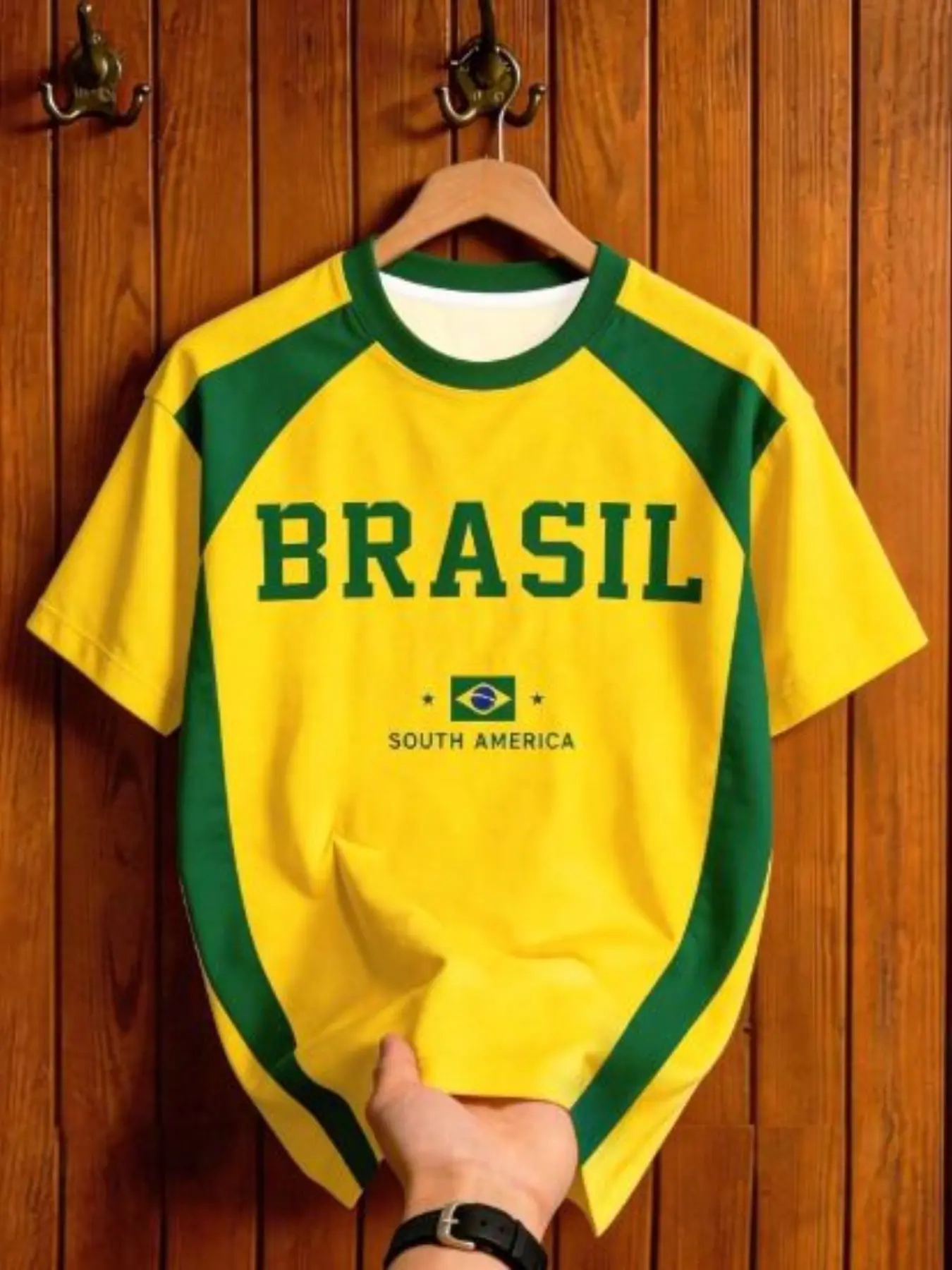 Men's Brazil Peace Football Jersey, Comfortable Sporty Sports Top, All over Print, Round Neck Short Sleeve T-Shirt, Ideal for Training & Leisure, Soccer Jersey