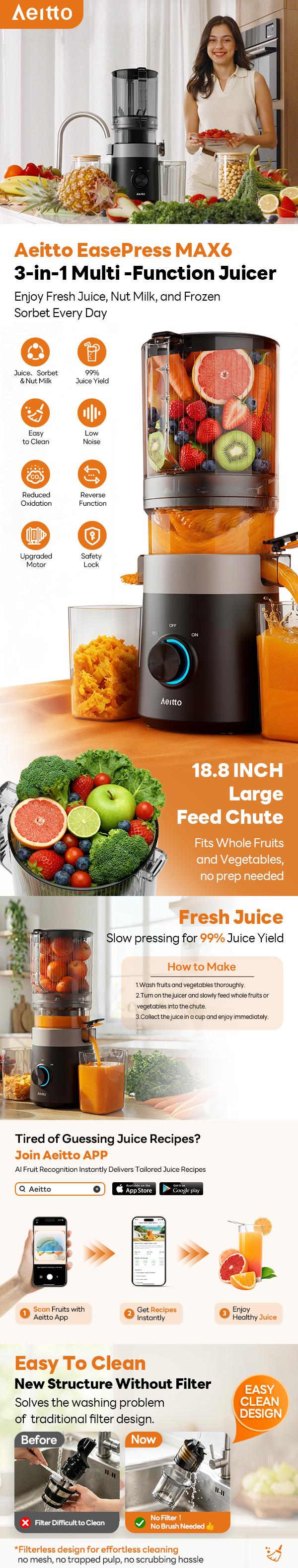 Aeitto 3-in-1 Automatic Cold Press Masticating Juicer Machine - 6.0" Whole Fruit Feed Chute, 1L Large Capacity, Hands-Free Juicing, Filter-Free Rinse, Anti-Slip ft, Easy to Clean With Brush, Freshness Retention for Fruits, Sorbet, Whole Fruit Chute