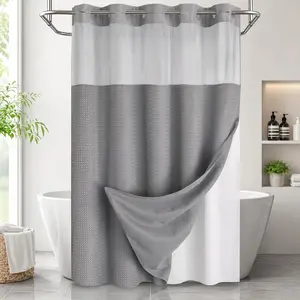 Dark Grey Hookless Shower Curtain with Snap-in Fabric Liner & Sheer Window Waterproof Double Layer Hotel Style 72"x75" Grey Double Layer Shower Curtain Set