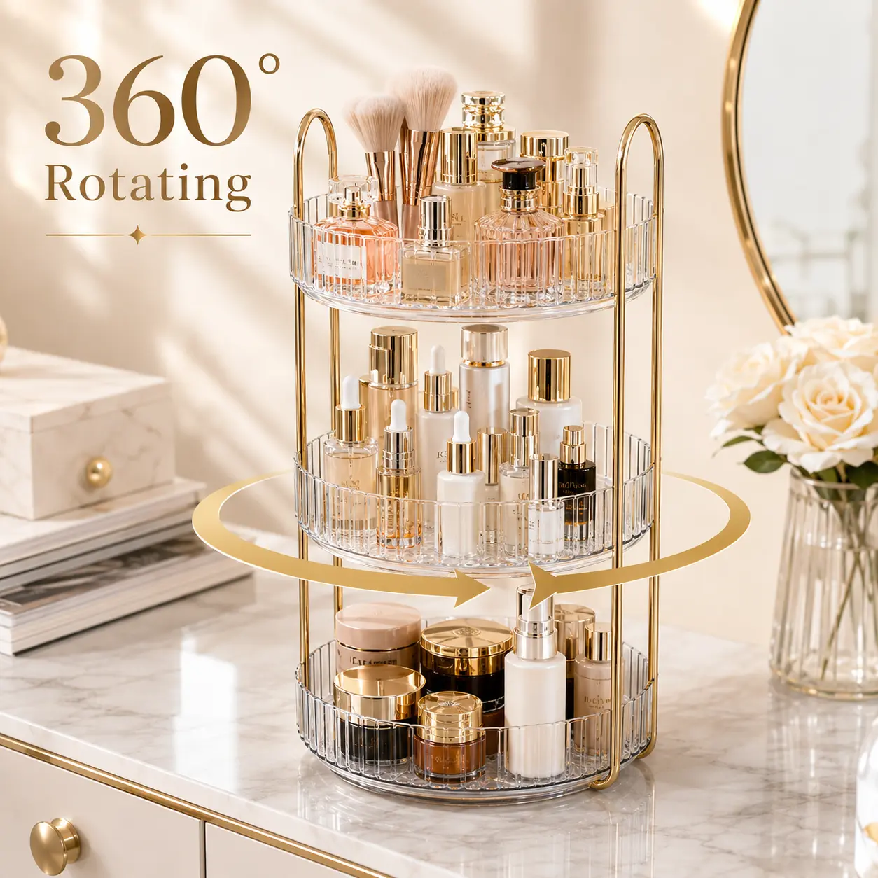 Rotating Makeup Organizer for Vanity, Bathroom Counter Organizer,Large Capacity Skincare Perfume Storage, 360 Spinning Cosmetic Dresser Countertop Organizers (Transparent, 3 Tier)