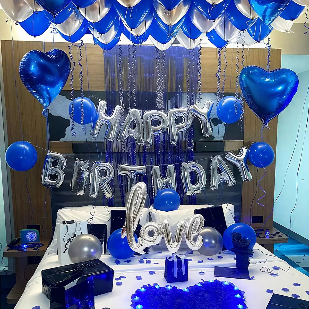 41pcs Blue Happy Birthday Balloon Set, Silver Color Heart & Love Letters, Latex Heart Shaped Balloons for Party Decorations, Wedding, Anniversary, Valentine's Day