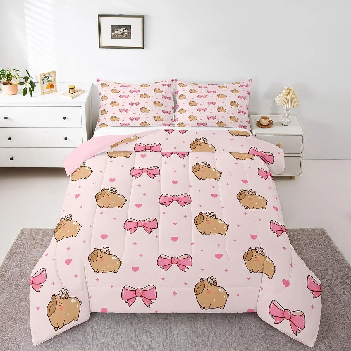 Capybara Bowknot Bedding Set - Kawaii Cute Animal Quilt, Pink Love Heart Duvet Cover Set, Washable Blanket, Bedding Supplies for Girls, Machine-Washable Textile Bedroom Decor, Bed Sets Supplies