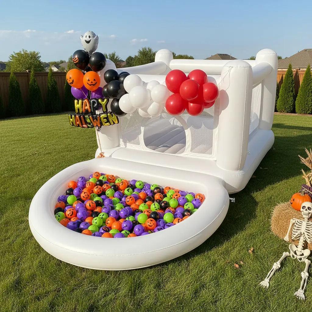 PVC Kiddie Inflatable Blow-Up Bounce House, Mini Trampoline Playground Inflatables & Bouncy Castles for Kids, Soft Play Ball Pit for Halloween Decorations & Birthday Party Events