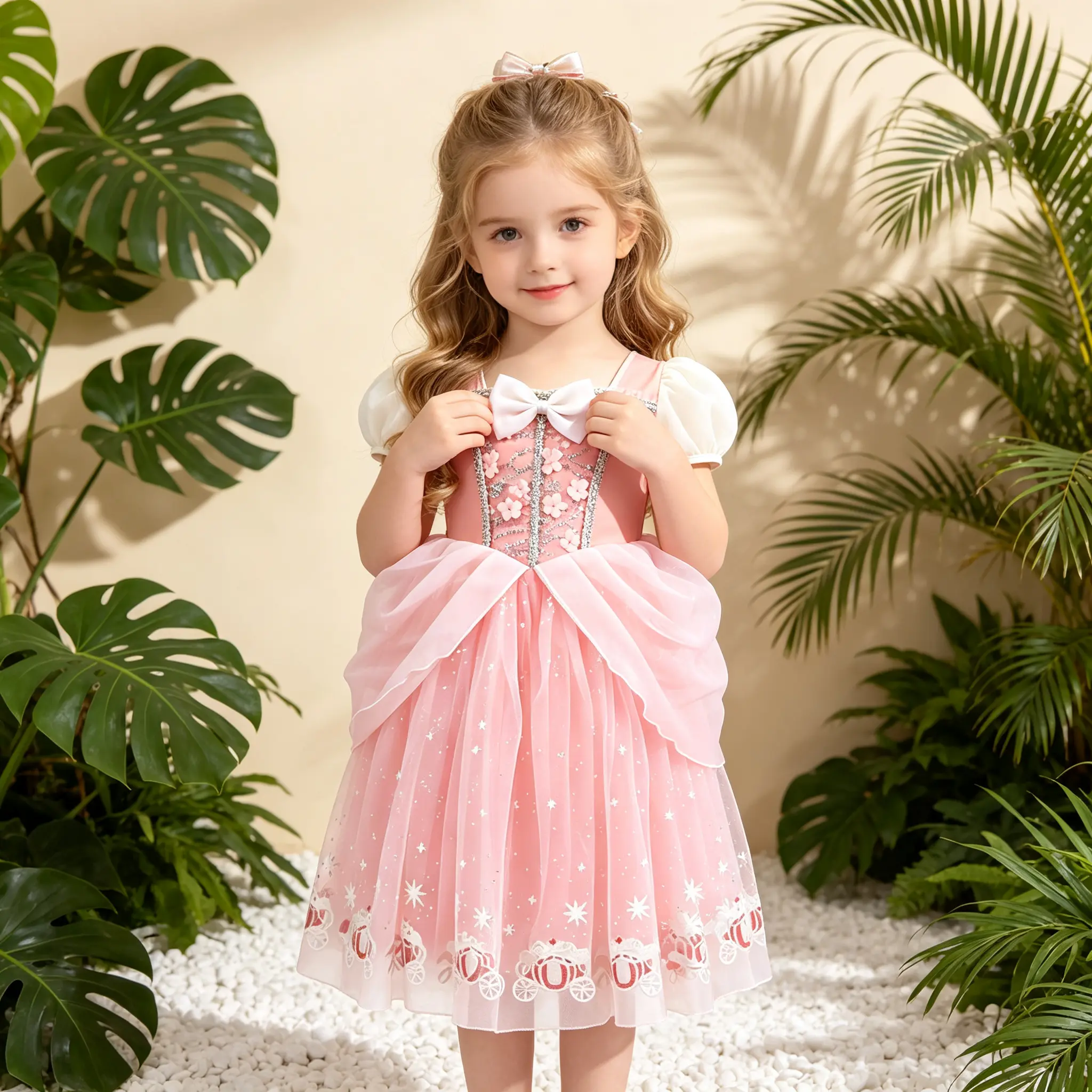 Girls Fairy Princess Dress, Puff Short Sleeve Embroidery Star Tulle Gown, Pink Bow Sparkly Costume Outfit for Birthday Party, Halloween Dress Up & Themed Photoshoot