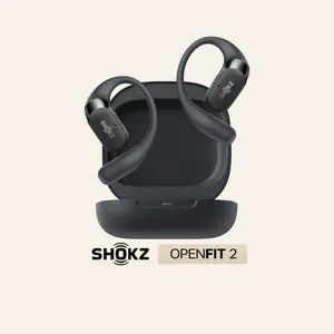 SHOKZ OpenFit 2 Open-Ear Headphones, Wireless Bluetooth Earphones with Microphone, IP55 Water-Resistant, Flexible Ear Hooks, USB-C Fast Charging - Black