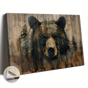 Primitive Forest Bear Canvas Wall Art, Art Decoration, Classic Retro Style, Animal Pattern, Bear Theme Painting, Spruce Wood Frame, Indoor Wrapped Canvas, Living Room, Bedroom, Home Office, Kitchen, Dining Room Decoration - Spring Summer Indoor Wall