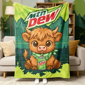Mtn Dew Cute Highland Cow Plush Blanket,artoon Highland Cow Drinking Mountain Dew Graphic Soft Fleece Throw Blanket, Perfect for Mtn Dew Fans, Cow Lovers & Cozy Home Decor