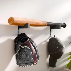 Baseball Bat & Cap Holder Wall Mount, Black Wood & Iron Display Hanger with Hooks for Caps and Gloves, Wall Hanging for Living Room Bedroom Entryway Garage, Gift for Baseball Fans
