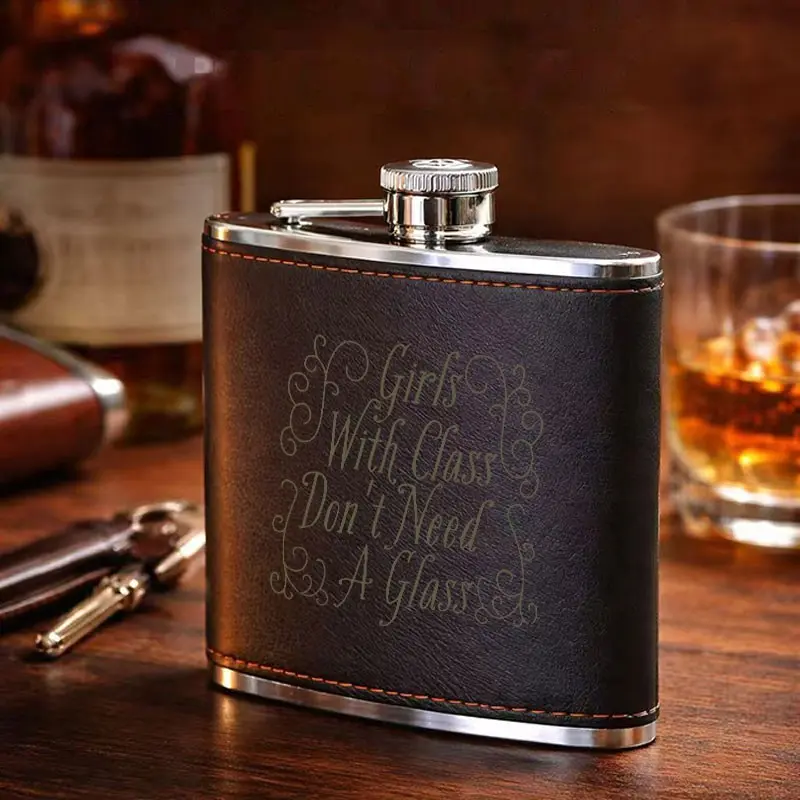 Girls With Class Quote Design Leather Flask, Stainless Steel & Leather Portable Liquor Flask, Compact Reusable Drinking Flask, Suitable for Whiskey, Cocktails, Liquor, Travel-Friendly Pocket Flask, Perfect Gift for Women/Girls, Portable Drinkware Flask