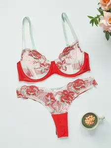 Women's Floral Embroidered Lingerie Bra Set with Adjustable Straps, Sexy Wireless Thong Design, Medium Support, Perfect for Home, Vacation, Dating