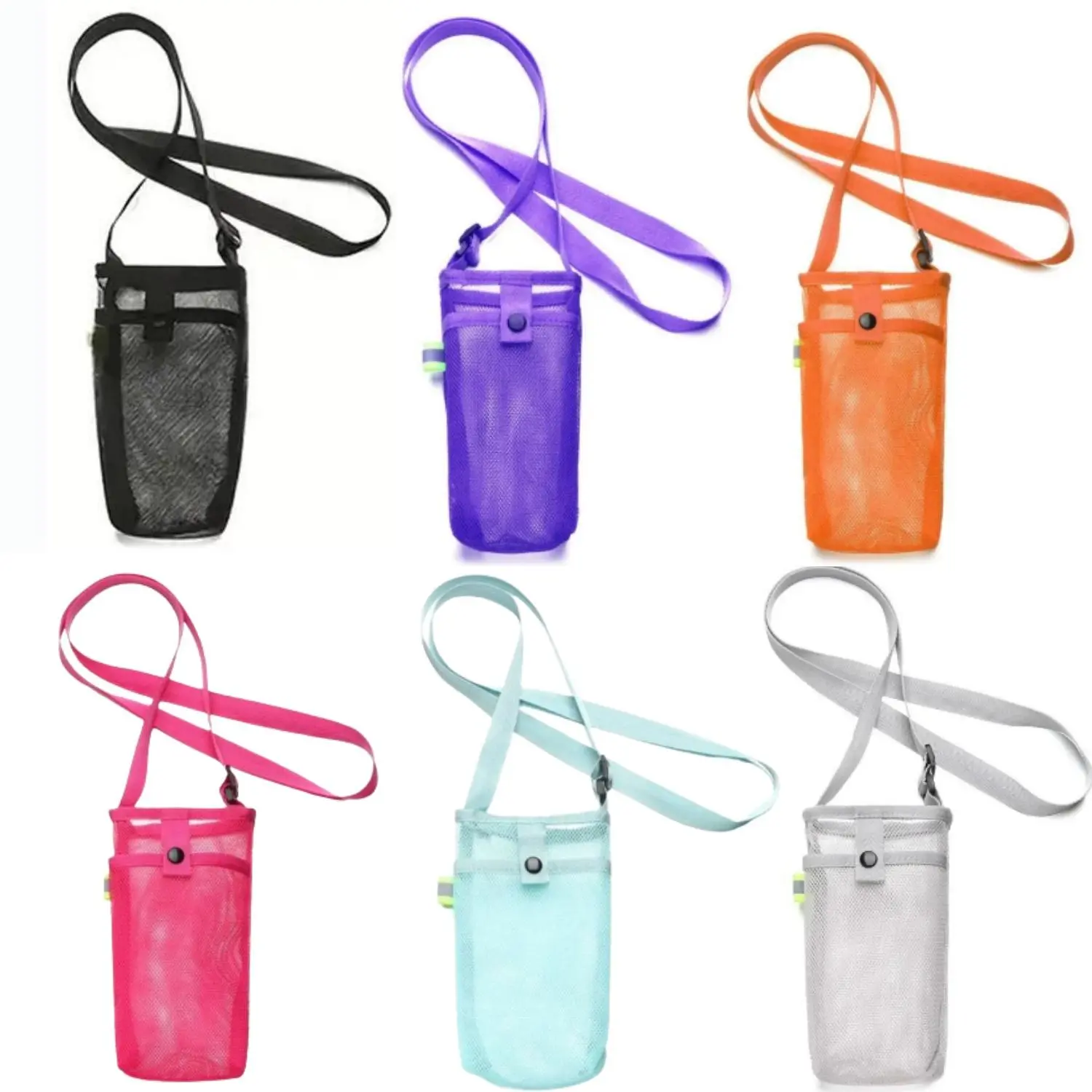 6Pcs Nylon Mesh Water Bottle Holders - Adjustable Straps Crossbody Bags with Pocket, 3.5in Diameter (7.4x3.5in) - Lightweight Home Improvement Kitchen Fixture Accessories for Beach,Walking,Protect Water Bottle