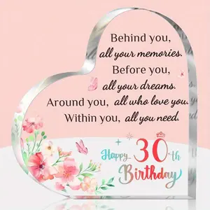 Happy 30th Birthday Acrylic Plaque, 1 Count Heart Shape Acrylic Desk Decor, Inspirational Birthday Gifts for Her Him, Party Supplies