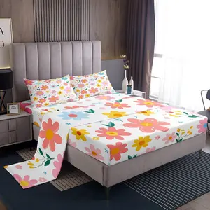 Feelyou Floral Bedding Set - 1 Pack, Cute Flower Bed Sheets, Breathable Sheets, Yellow Pink Kawaii Decorative Bedsheet Sets for Girls