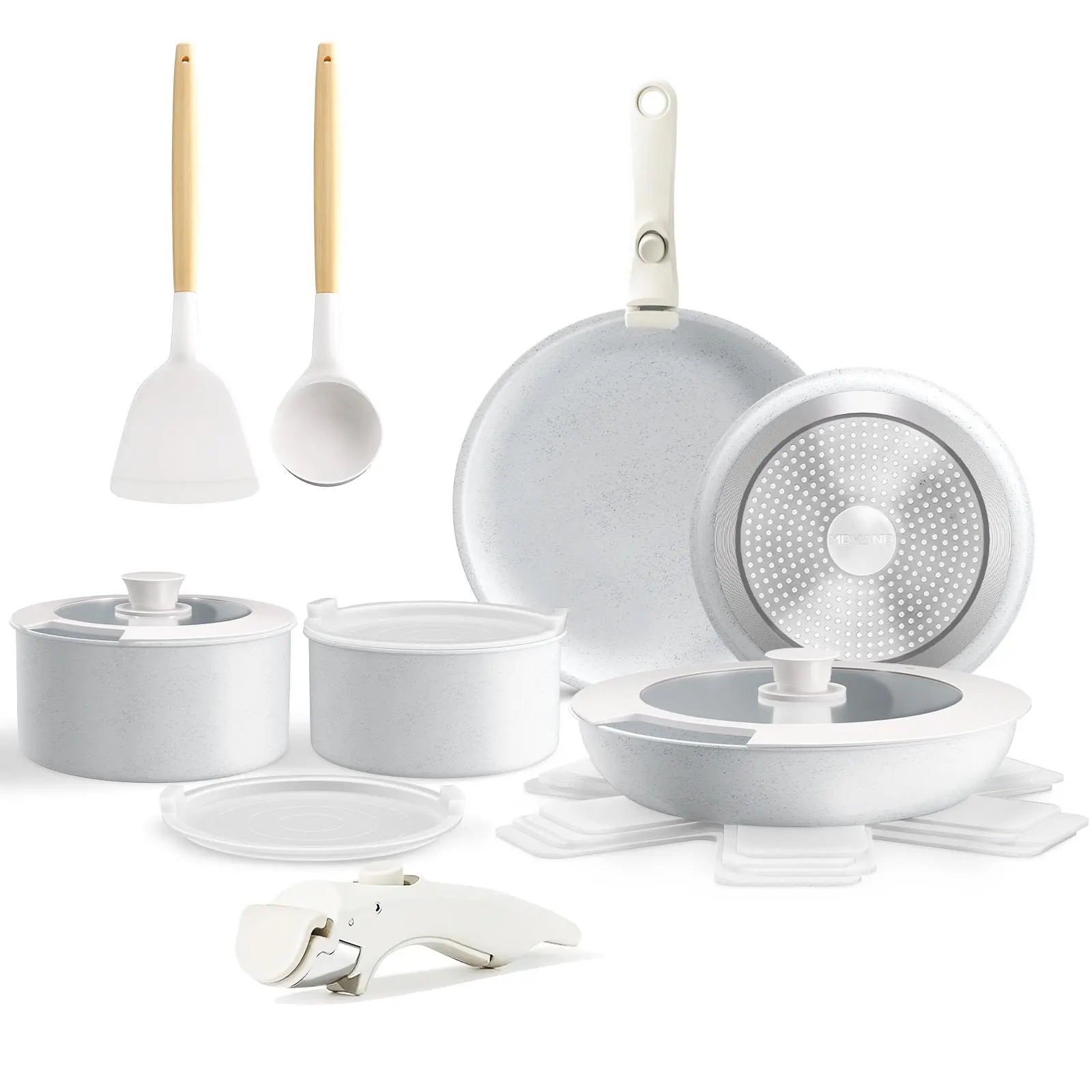 【BackToSchool】17pcs Induction Pots and Pans Set, Non-Stick Cookware with Removable Handle,Frying Pan,Saucepan,Milk Pan,Silicone Glass Lid,Oven Safe,RV Cookware Set