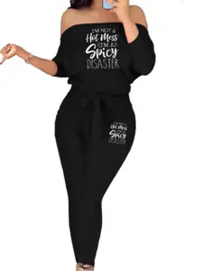 Women's Colorblock One-Shoulder Belted Print Long Sleeve Pants Set, Casual Fitted Two-Piece for All Seasons