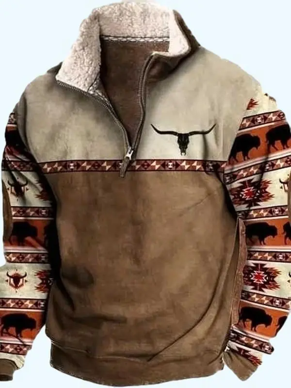 Ethnic Aztec Quarter Zipper Sweatshirts for Men Long Sleeve Stand Collar Casual Graphic Pullover With Pockets
