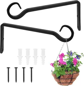 2 Pack Plant Hanger Bracket, 8 Inch Plant Hangers Outdoor, Metal Plant Hooks for Hanging Plants, Bird Feeder, Flower Basket, Wind Chimes, Lantern, Indoor Outdoor (Black)