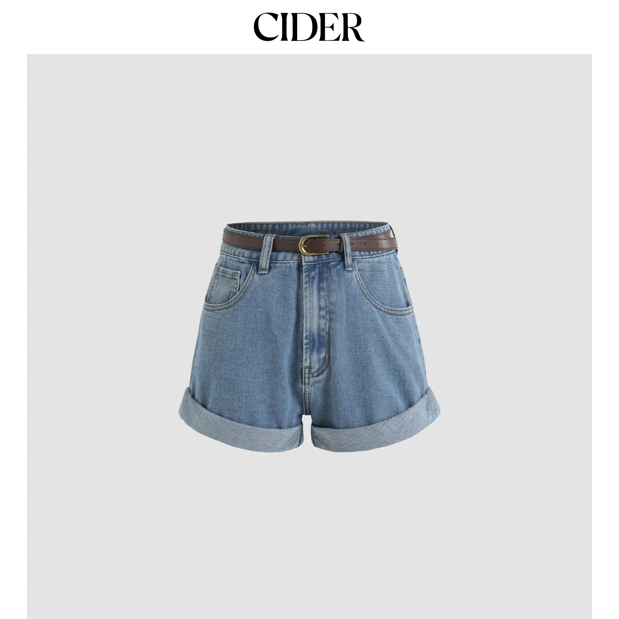 Cider Women's Basic High Waisted Light Wash Denim Shorts with Included Belt, Featuring a Casual Cuffed Hem, Bottom, Jean Shorts For Women, Above Knee Shorts