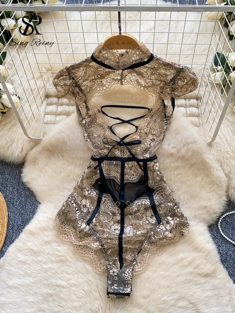 SR.singreiny Women's Floral Embroidery Lace Bodysuit - Sexy Sheer Mesh Corset with Adjustable Straps, Hollow Out Design for Evening Cosplay, Women's Lingerie Clothes, Waist Bodysuit, Slim, Fashionable Bodysuits