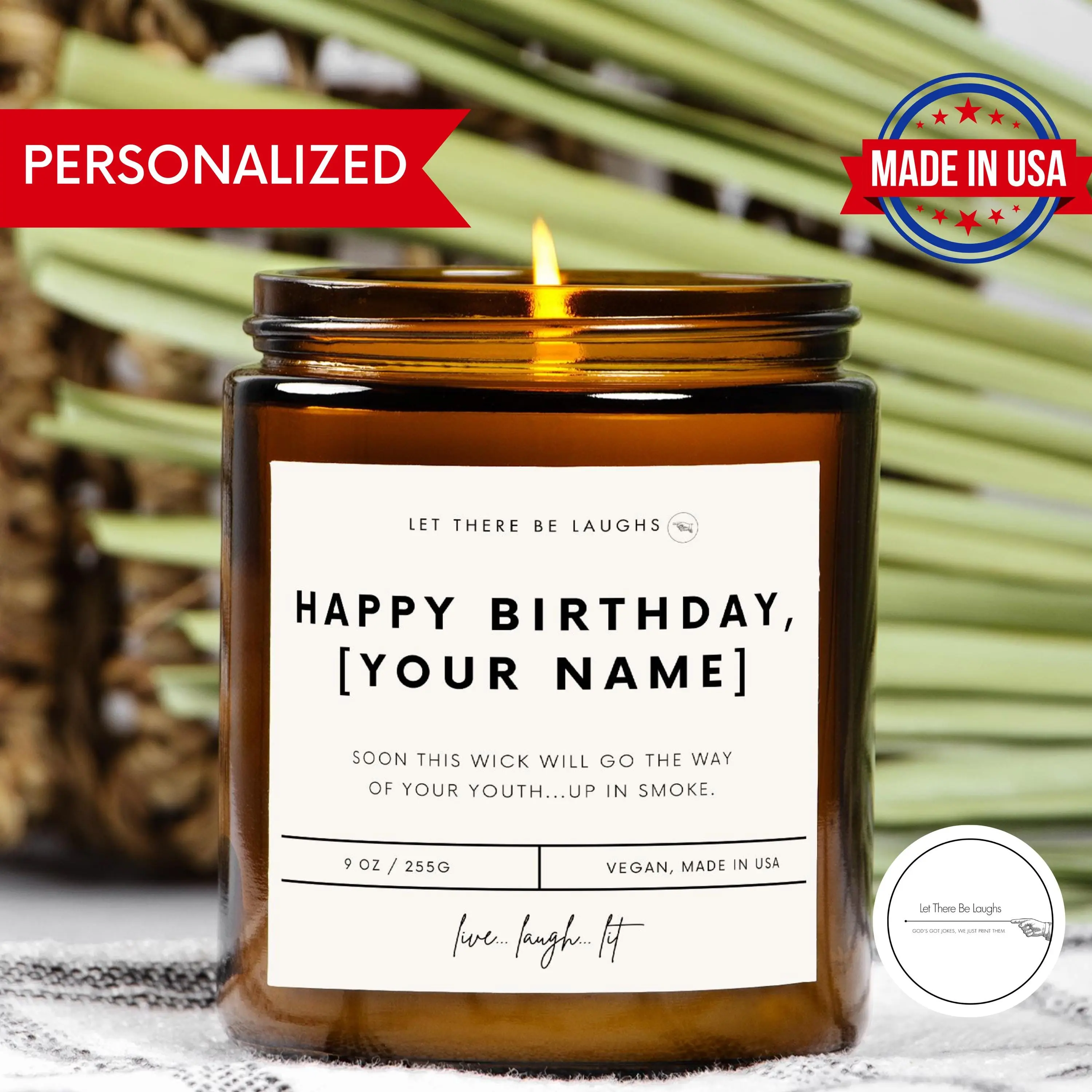 Personalized Funny Birthday Candle: Amber Jar, Vegan Coconut Wax=