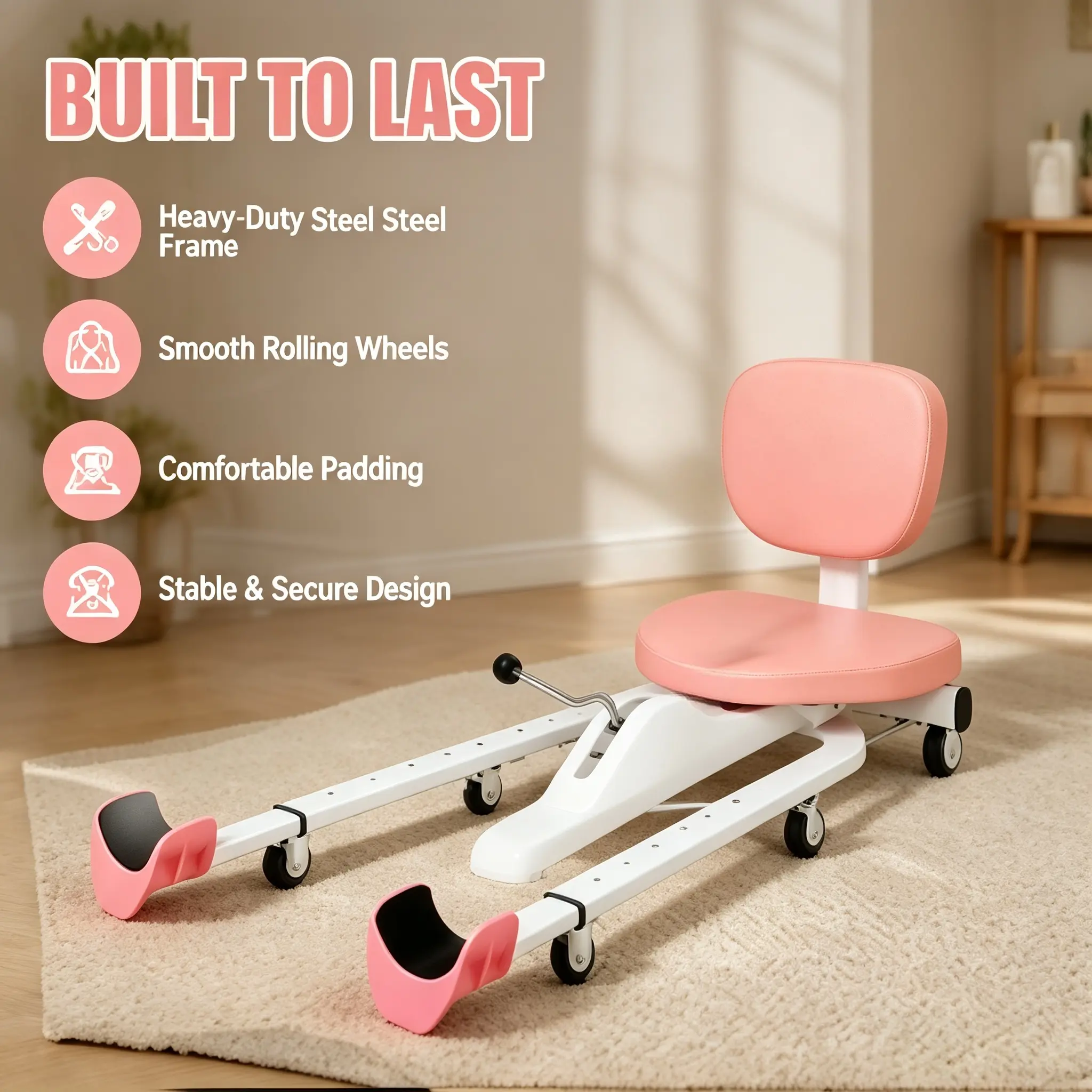 Adjustable Leg Stretcher Split Machine with Padded Backrest,Home Flexibility Training Equipment for Yoga,Ballet,Dance,Comfort Cushioned Support for Adults & Kids,Pink Portable Leg Stretching Trainer for Daily Home Practice