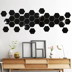 12/24/36 pieces self-adhesive black hexagonal mirror wall sticker, Interior Wall Decor, Home Decor, anti shatter mirror brick Reflective decorative sticker, suitable for bathroom, bedroom, wedding party background wall