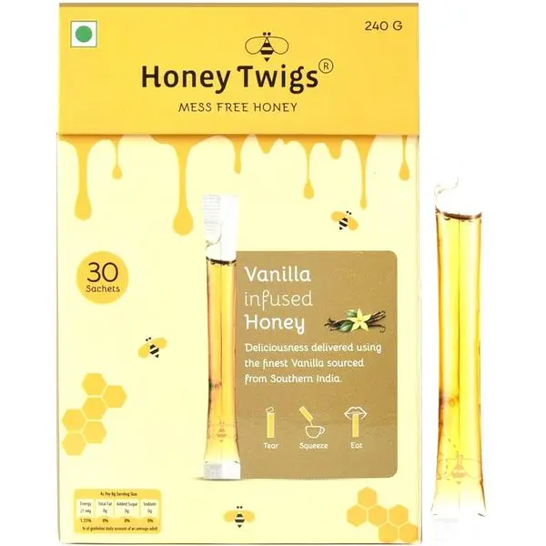 Honey Twigs Vanilla Infused Honey Sticks - 30 Count Single Serve Natural Honey Straws - 8.47 oz per pack (8g per stick) | 100% Pure, Pocket-friendly Travel Pack