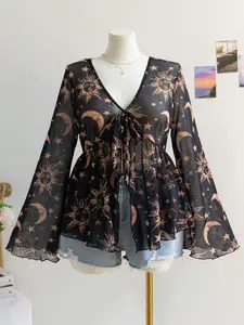Soleia Plus Size Boho Women's Winter Holiday V Neck Black Long Sleeve Babydoll Top with Sun Moon Star Pattern for Christmas & New Year's Eve