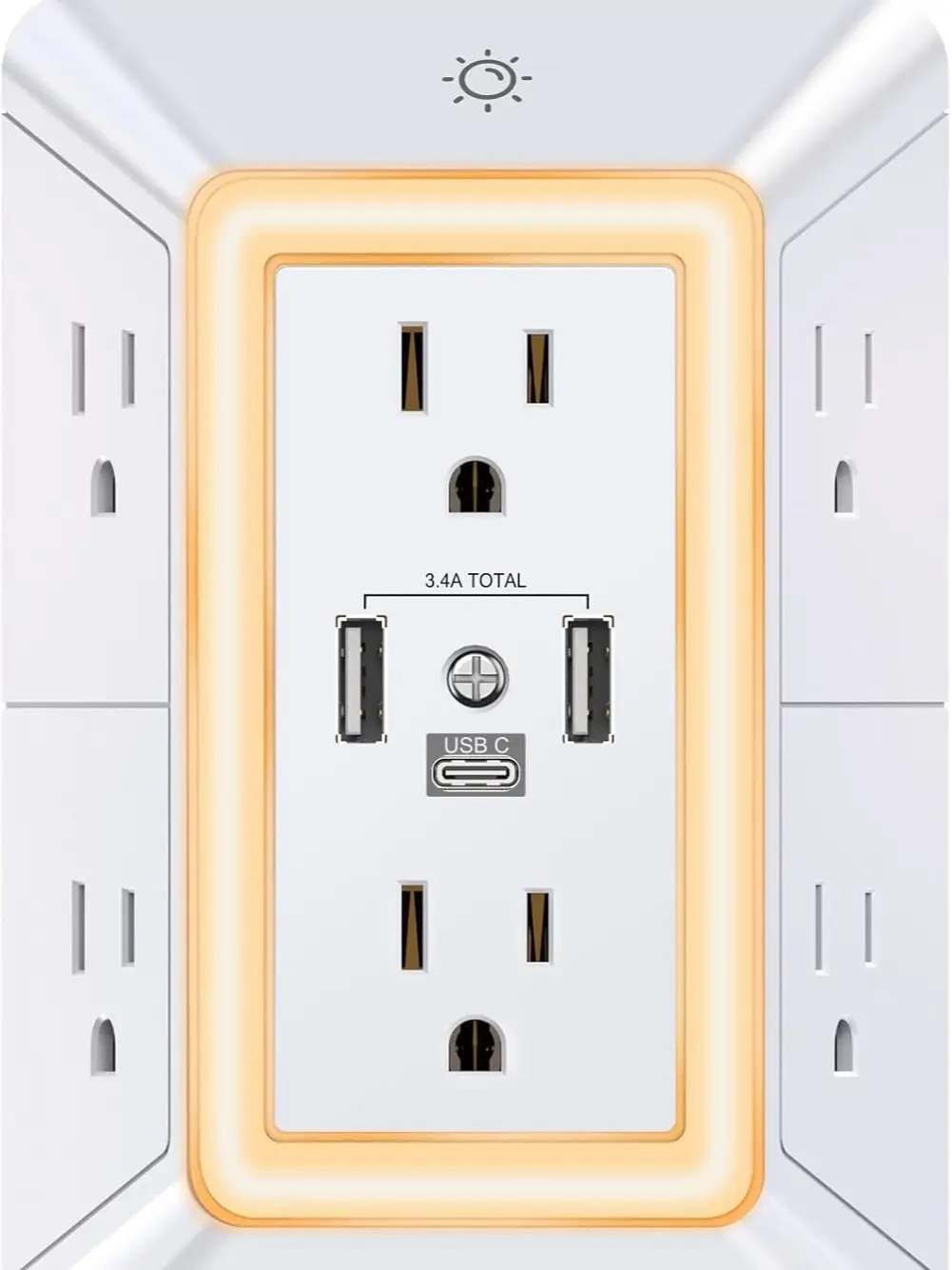 Multi Plug 6 Outlet Surge Protector Extender with 3 USB Ports (1 USB C) and Night Light, 3-Sided Power Strip with Adapter Spaced Outlets, ETL Listed, White