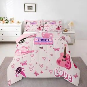 Music Note Comforter Set,Musical Guitar Bedding Set,Disco Ball Cowgirl Quilt Bed Set,Pink Love Butterfly Bedding Comforter Sets