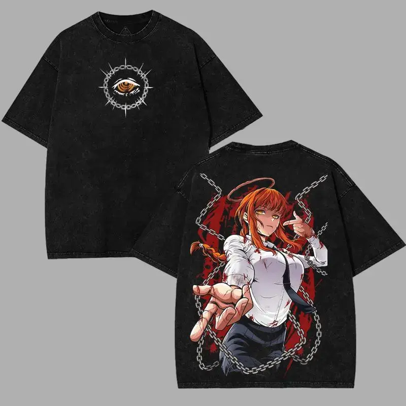 Unisex couple T-shirt valentine shirts Chainsaw Man Makima Control Devil villains v7 Washed T-shirt Double-Sided Print, Anime Manga Washed Shirt Graphic tees Cotton streetwear vintage unisex merch