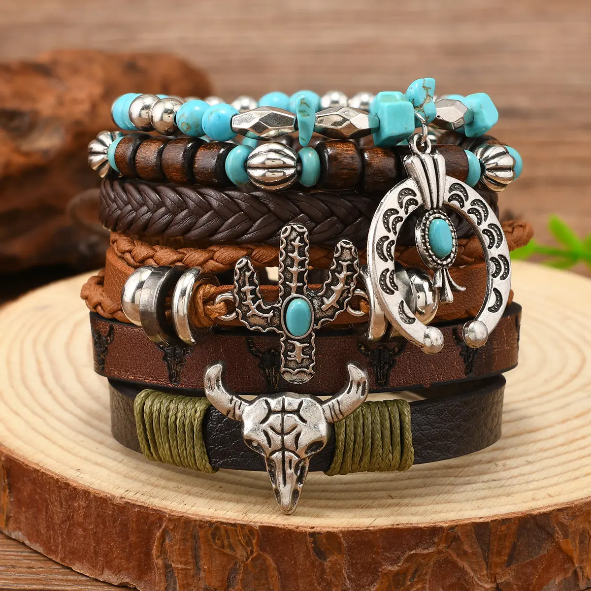 Men's Multi-Layer Braided Leather Stackable Bracelet Set - Casual Ethnic Male Adult Jewelry with Western Bull Head, Small Flower, Turquoise Accents, Natural Chicken Wing Wood, Coconut Shell Beads, Boho Vintage Cowboy Gift, Wrap, Adults