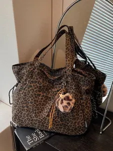 American Retro Leopard Print Tote Bag for Women Large Capacity Shoulder Bag with Cute Plush Pendant Versatile Daily Bag for Students Commute and School