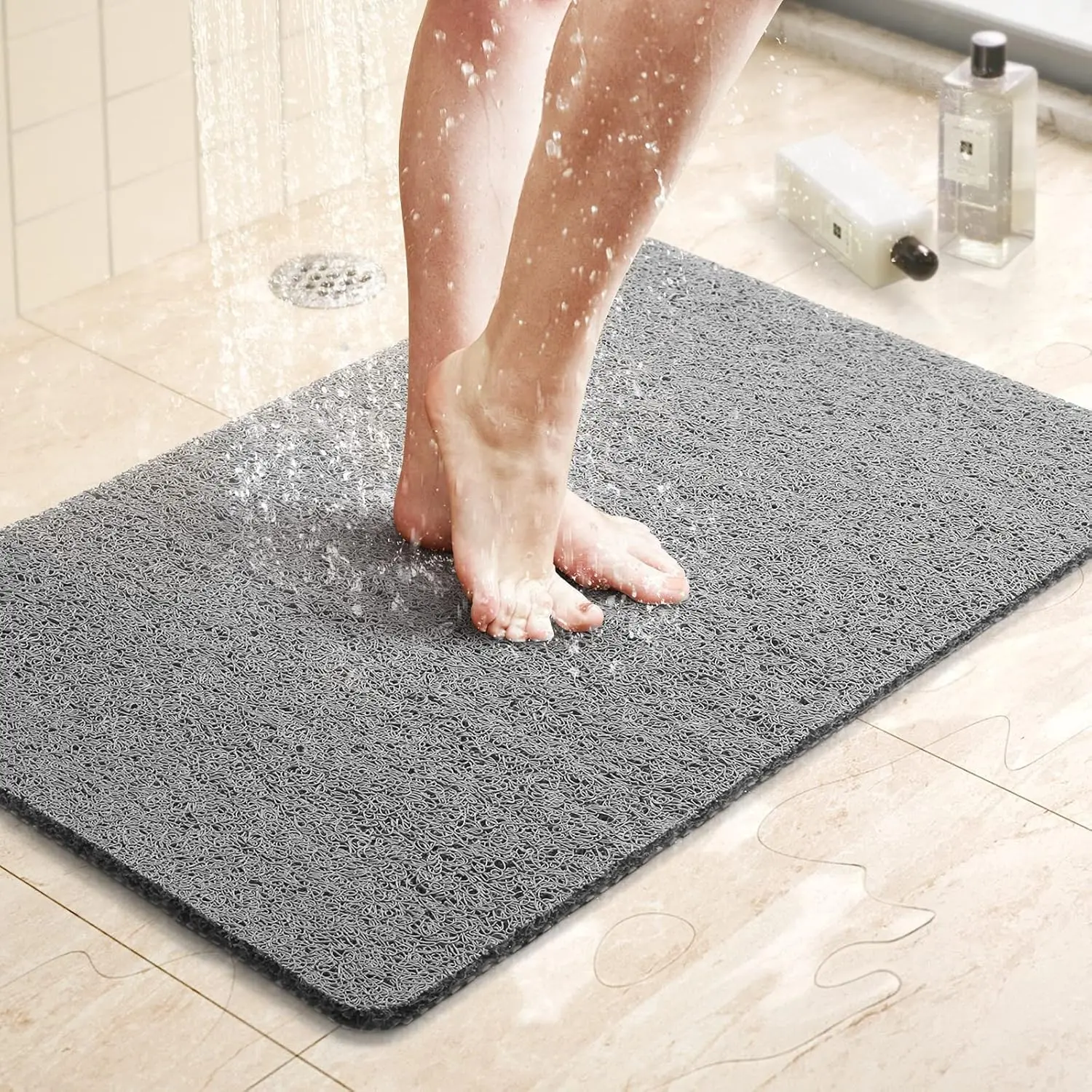 Shower Mat Bathtub Mat Non-Slip Bath Mat with Drain, Quick Drying PVC Loofah Bathmat for Tub,Shower,Bathroom (Grey)