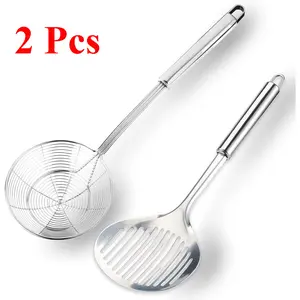 2 Pcs Multi Kitchen Utensil Stainless Steel Cooking Skimmer Slotted Fish Turner Spatula Spoon Colander Drain Water Filter Spoon Ladle Spider Strainer Skimmer Ladle for Cooking &Frying