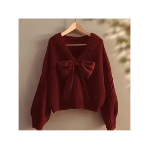Women's Rich Burgundy V-Neck Holiday Sweater - Winter Warm Loose Fit Cable- Collar & Bow-like Neckline, Casual Elegant Top for Fall/Winter Layering, Hand Washable Solid Red