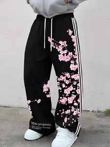 Cherry Blossom Print Wide Leg Pants Men, Y2K Sakura Graphic Striped Drawstring Streetwear Trousers, Black Oversized Floral Print Pants, For Daily Wear, Street Style, Summer Outfits, Men's Retro Streetwear #springsaledeals2026 #summeroutfits #tiktokshopmad